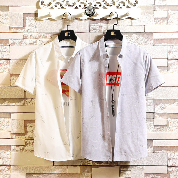 Cămașă modernă pentru bărbați cu mâneci scurte, de culoare gri și alb