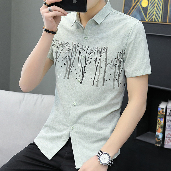 Cămașă modernă pentru bărbați model Slim în verde și gri