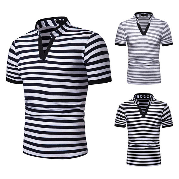 Férfi csíkos póló V-nyakkal, három színben