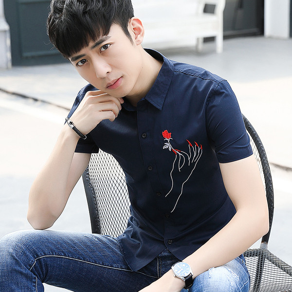 Stílusos férfi ing hímzéssel és rövid ujjú két színben