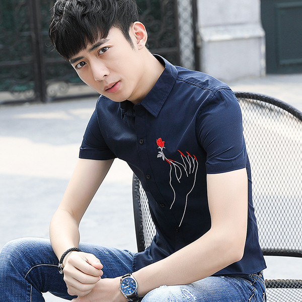 Stílusos férfi ing hímzéssel és rövid ujjú két színben