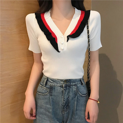 Tricou casual dama cu nasturi alb-negru