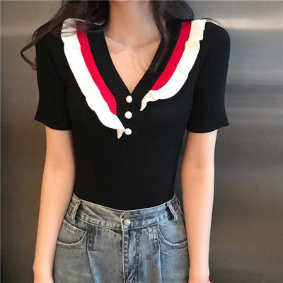 Tricou casual dama cu nasturi alb-negru