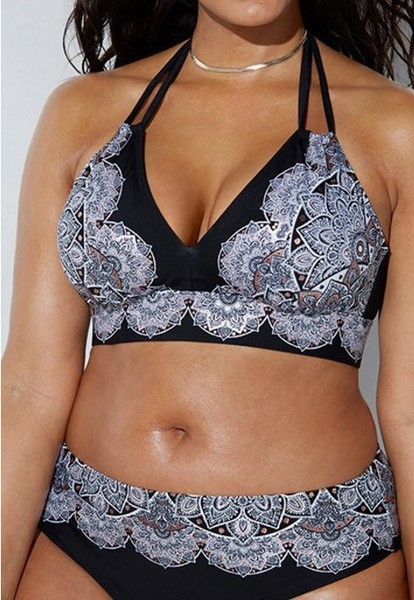 Costum de baie modern din două piese de culoare neagră până la 5XL