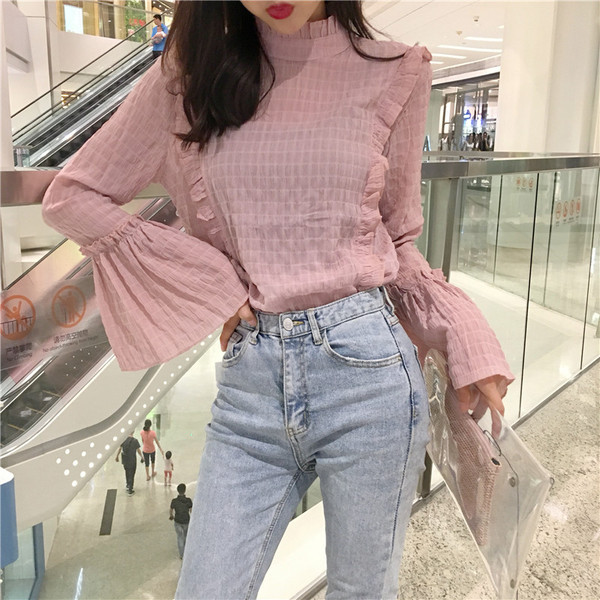 Σύγχρονη γυναικεία πουκάμισο με μανίκια λωτού σε ροζ χρώμα