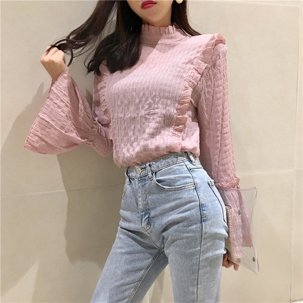 Σύγχρονη γυναικεία πουκάμισο με μανίκια λωτού σε ροζ χρώμα