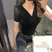 Modern női fényes blúz rövid ujjal több színben