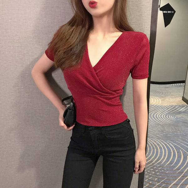 Modern női fényes blúz rövid ujjal több színben