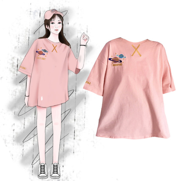 Tricou elegant de damă cu broderie în roz, alb și verde