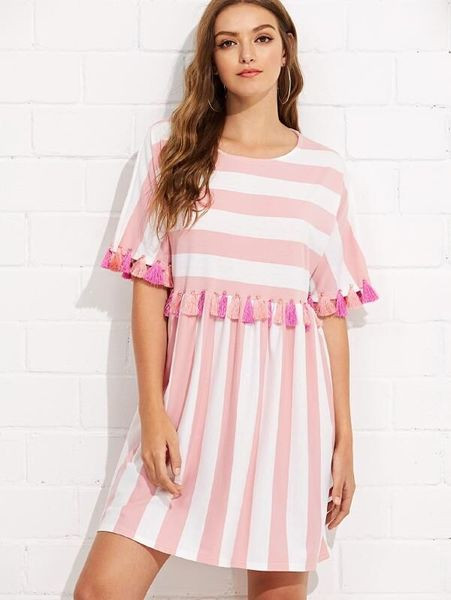 Rochie casual de dama in dungi, cu element cu ciucuri