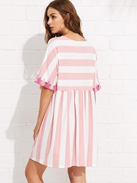 Rochie casual de dama in dungi, cu element cu ciucuri