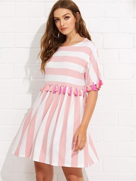 Rochie casual de dama in dungi, cu element cu ciucuri