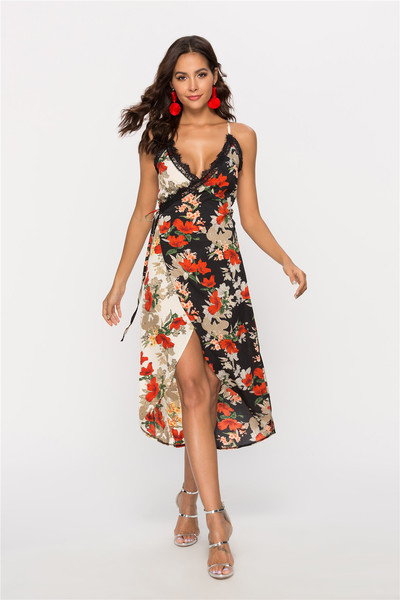 Rochie de dama asimetrica cu motive florale si cravate