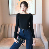 Alkalmi női rövid fekete blúz ujjkötővel