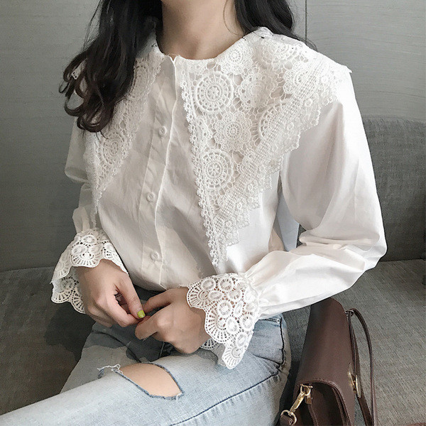 Cămașă albă elegantă de damă, cu dantelă