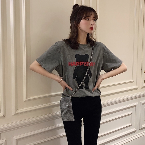 Tricou casual dama cu inscriptie gri si alb