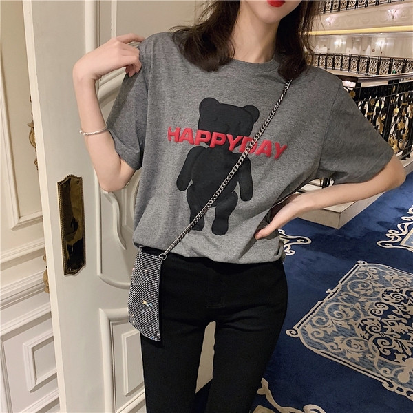 Tricou casual dama cu inscriptie gri si alb