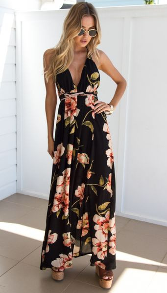 Rochie elegantă de damă cu spatele gol și model floral în negru