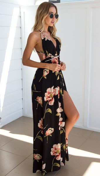 Rochie elegantă de damă cu spatele gol și model floral în negru