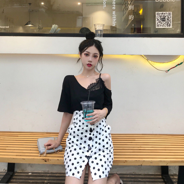 Tricou casual dama cu dantela de culoare neagra