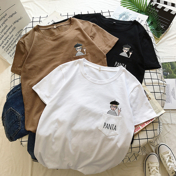 Hímzéssel és O-nyakú női alkalmi póló három színben