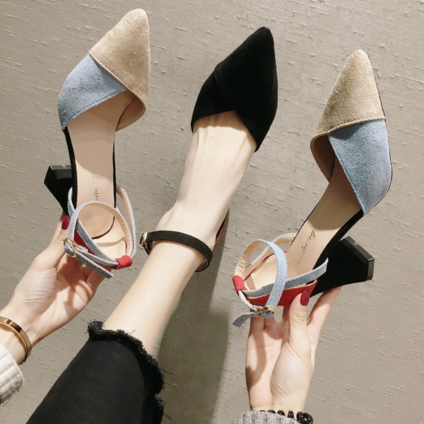 Pantofi moderni de dama cu toc din piele intoarsa ecologica in doua culori