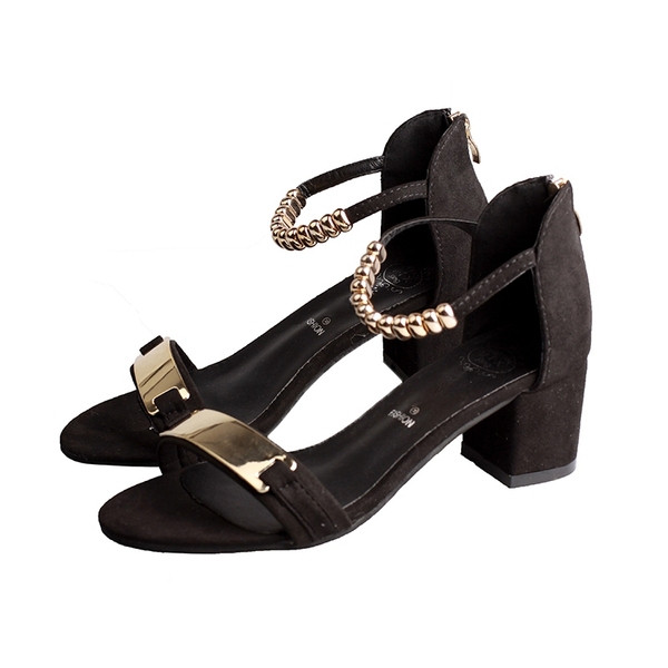 Sandale de dama actuale cu toc gros si decor metalic in doua culori