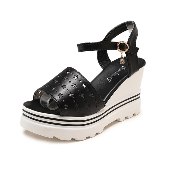 Sandale de dama moderne din piele ecologica cu platforma alb-negru