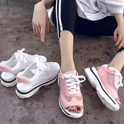 Нов модел дамски ежедневни сандали с връзки в розов и бял цвят 