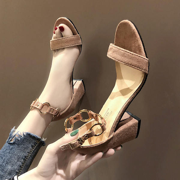 Sandale de dama elegante cu toc gros din piele intoarsa ecologica in trei culori