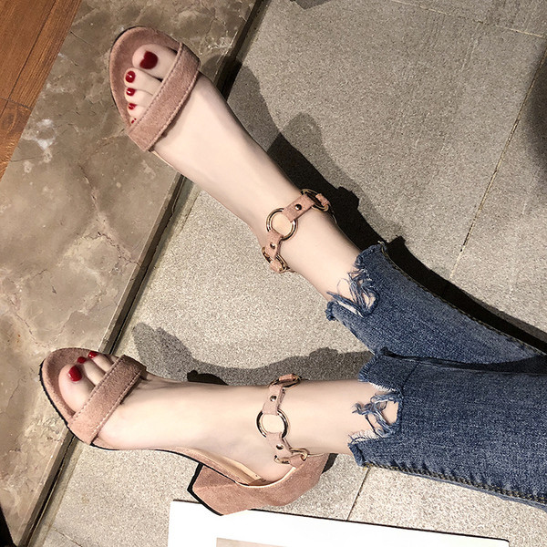 Sandale de dama elegante cu toc gros din piele intoarsa ecologica in trei culori