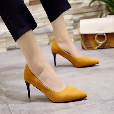 Pantofi eleganti de dama cu toc subtire in rosu, negru si galben