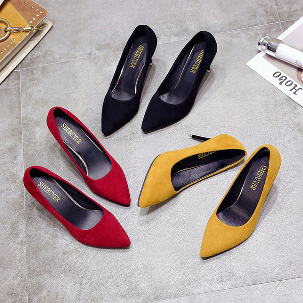 Pantofi eleganti de dama cu toc subtire in rosu, negru si galben