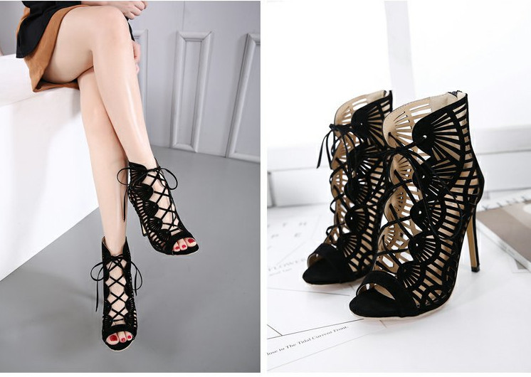 Női szandál új modell magassarkúval és fűzős fekete színben