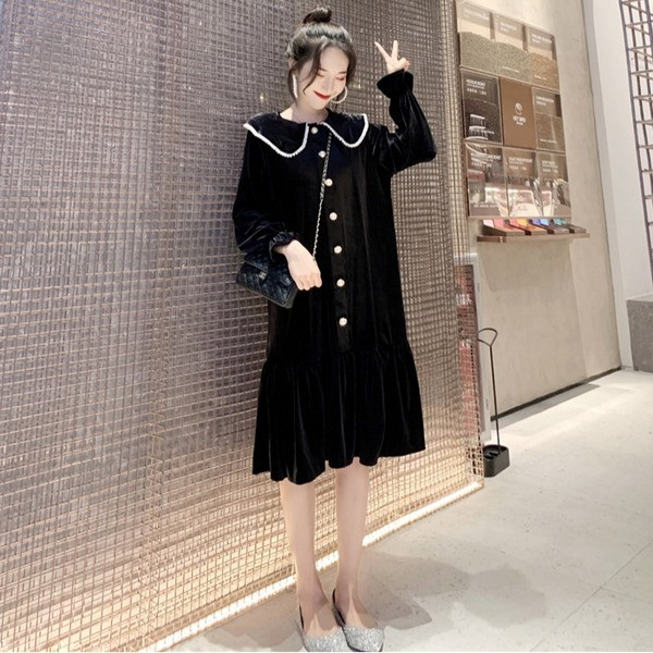 Rochie de dama moderna din catifea de culoare neagra