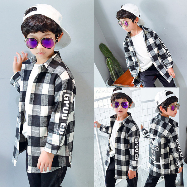 Cămașă în carouri pentru copii modernă în două culori cu inscripție