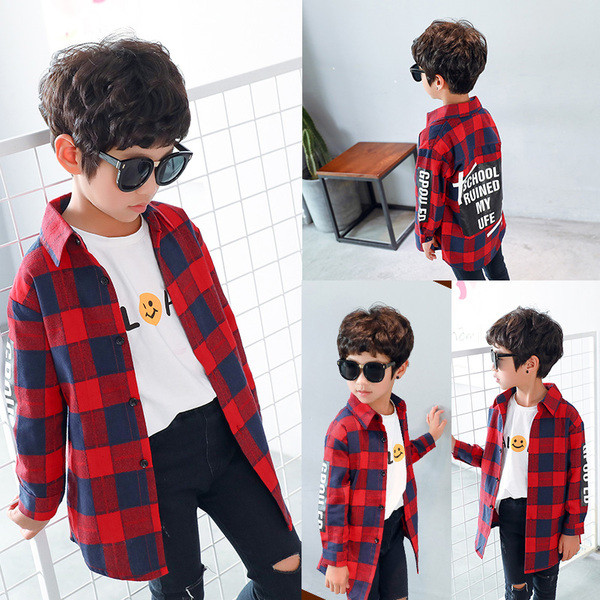 Cămașă în carouri pentru copii modernă în două culori cu inscripție