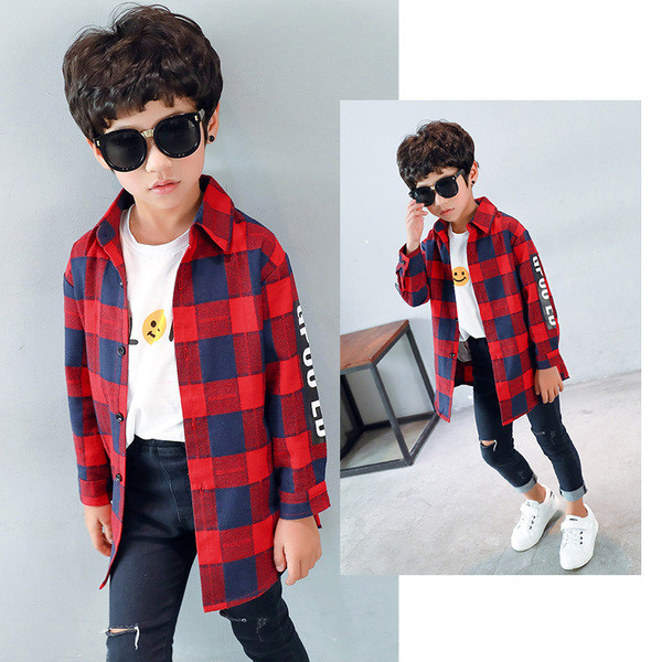 Cămașă în carouri pentru copii modernă în două culori cu inscripție