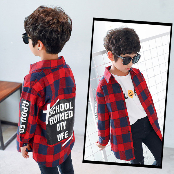 Cămașă în carouri pentru copii modernă în două culori cu inscripție