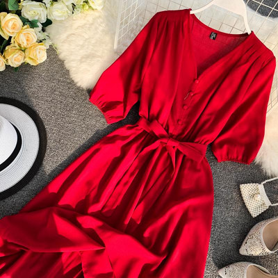 Elegáns hosszú női ruha V-nyakkal, több színben