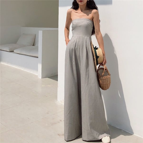 Salopetă lungă de damă elegantă, de culoare gri, fără mâneci