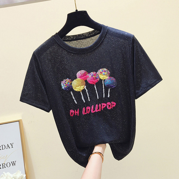 Tricou casual dama cu broderie in alb, roz si negru