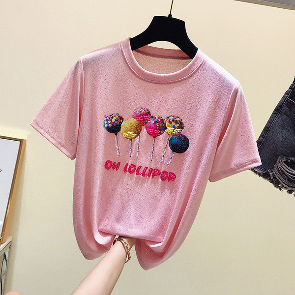 Tricou casual dama cu broderie in alb, roz si negru