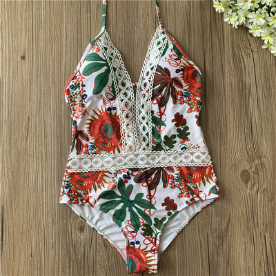 Modern női teljes fürdőruha virágos motívummal, V-nyakkal