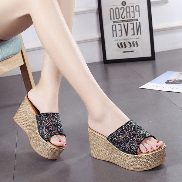 Modern női magas sarkú papucs három színben, ragyogó hatással