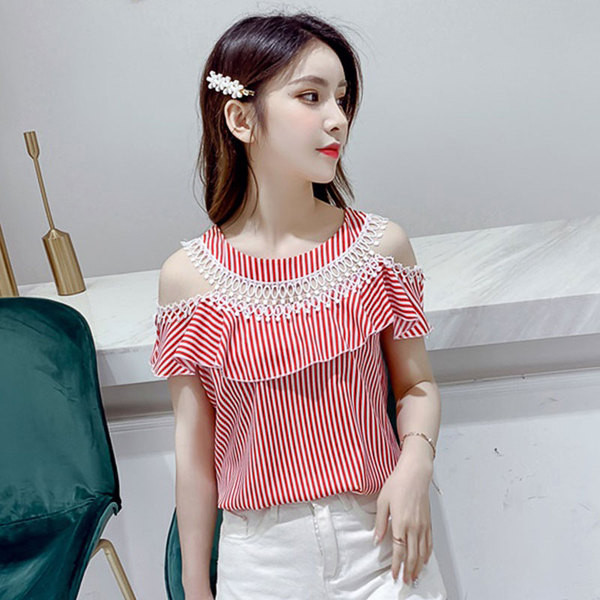 Modern női csíkos blúz piros és fekete színben