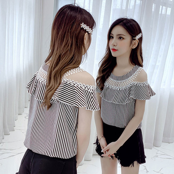 Modern női csíkos blúz piros és fekete színben