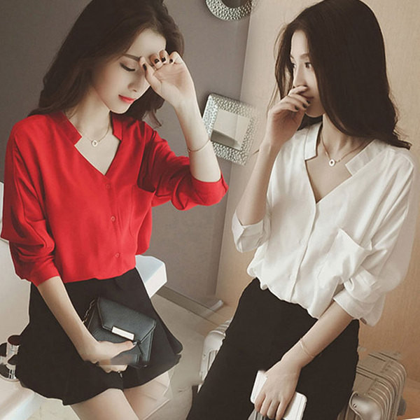 Cămașă elegantă de damă, în două culori, cu decolteu în V