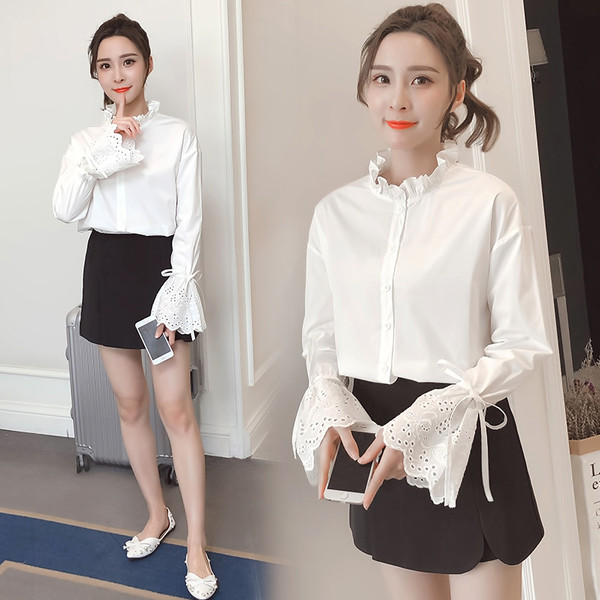 Cămașă actuală de damă în alb cu mâneci interesante