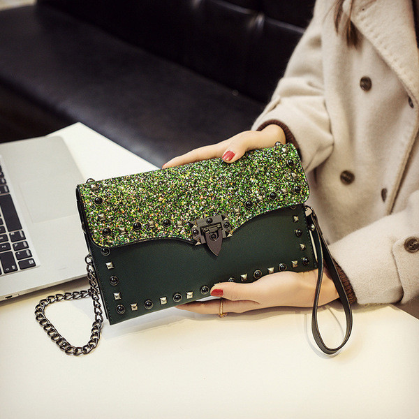 Stílusos női táska öko bőrből, fém elemekkel szürke, fekete és zöld színben